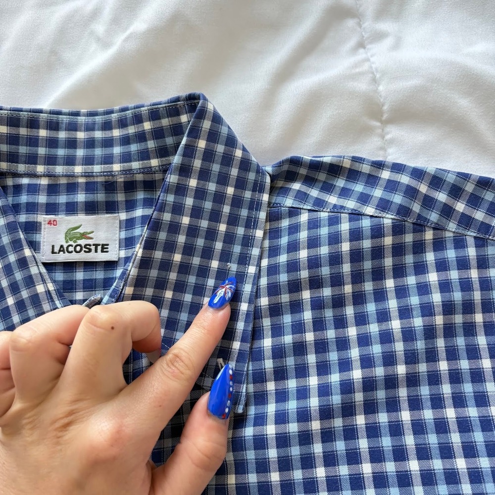 Lacoste Button Down Shirt Mens‎ 40 Blue Gingham Check Short Sleeve Preppy Luxury - Picture 3 of 7